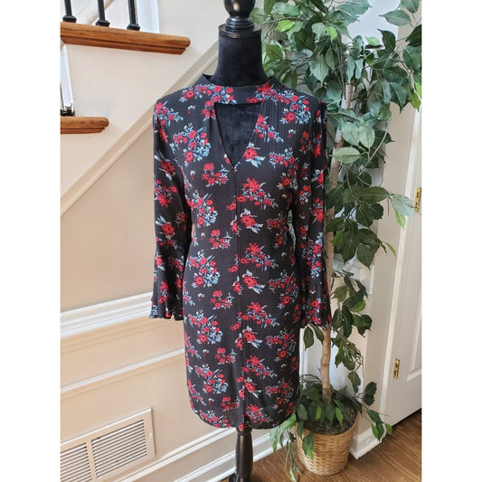 Entro Women's Black Floral 100% Rayon Long Sleeve Mock Neck Sheath Dress Size L
