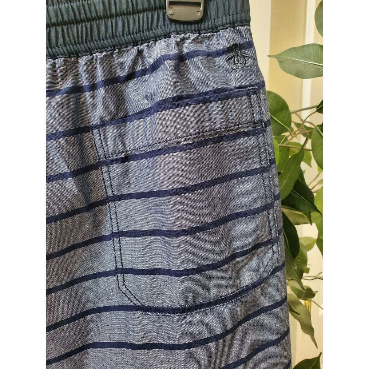 Original Penguin Dark Sapphire Striped Slim Fit Swim Trunk Print Shorts Size XL