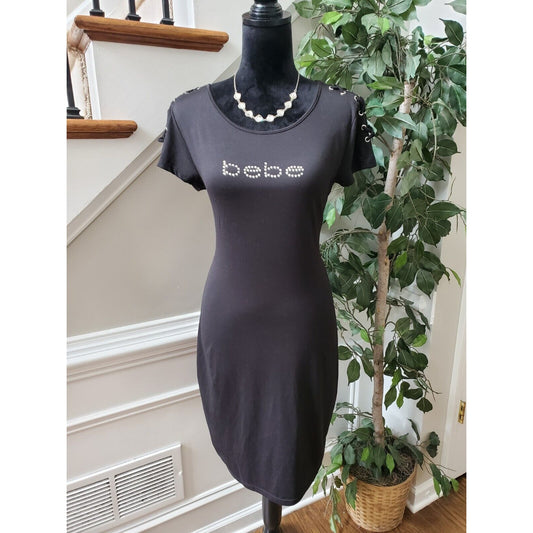 Bebe Womens Black Polyester Round Neck Short Sleeve Knee Length Dress Size Large