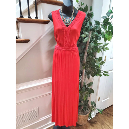 Spense Women's Solid Red Viscose V-Neck Sleeveless Long Maxi Dress Size X-Large
