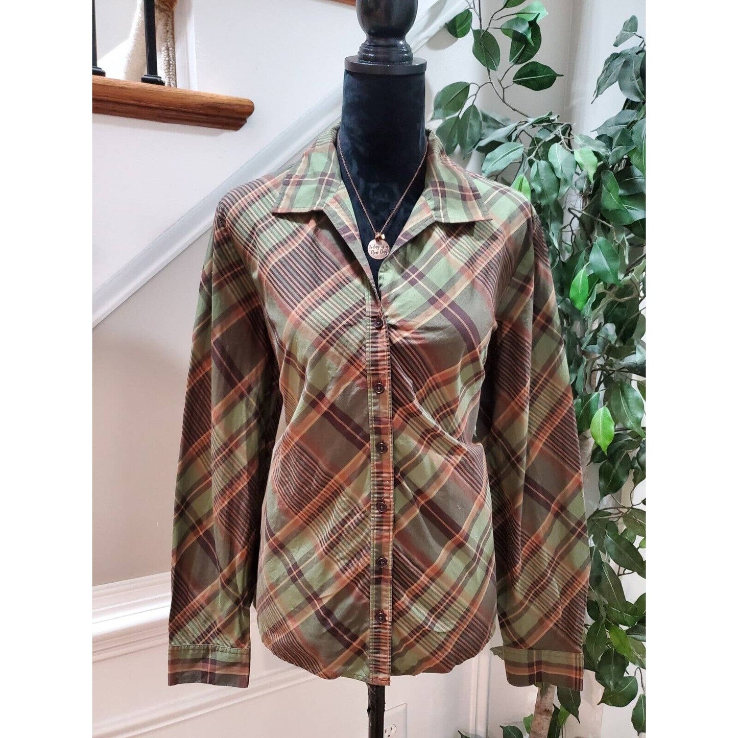 Jones New York Women Multicolor Cotton Collared Long Sleeve Button Down Shirt XL