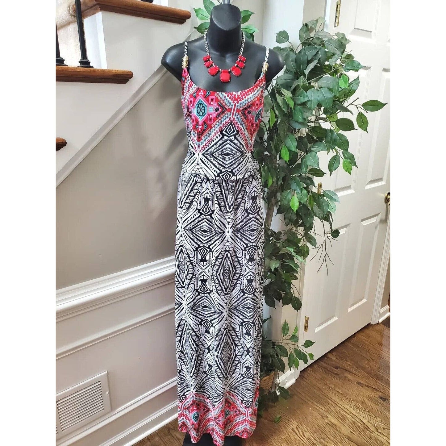 Cato Women White & Black Polyester Scoop Neck Sleeveless Long Maxi Dress Size L