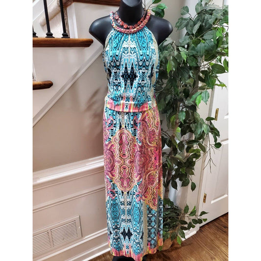 Prelude Women Multicolor Polyester Round Neck Sleeveless Long Maxi Dress Size L