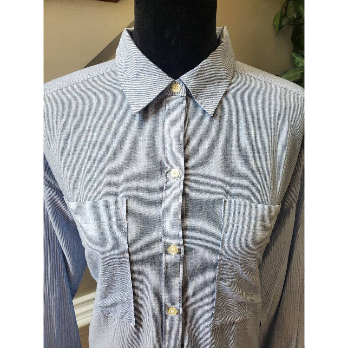 Loft Women's Blue 100% Cotton Collared Long Sleeve Button Down Casual Shirt L
