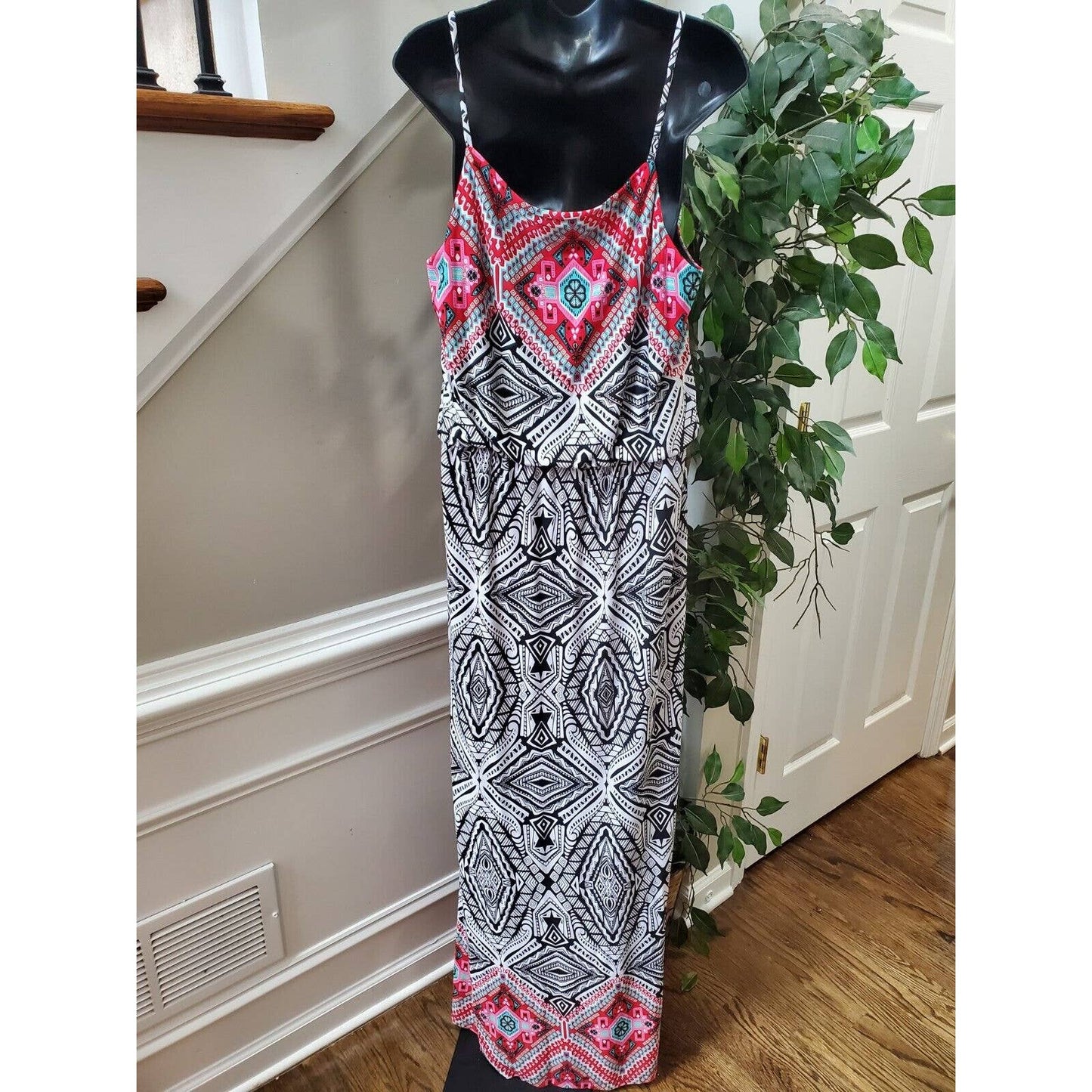 Cato Women White & Black Polyester Scoop Neck Sleeveless Long Maxi Dress Size L