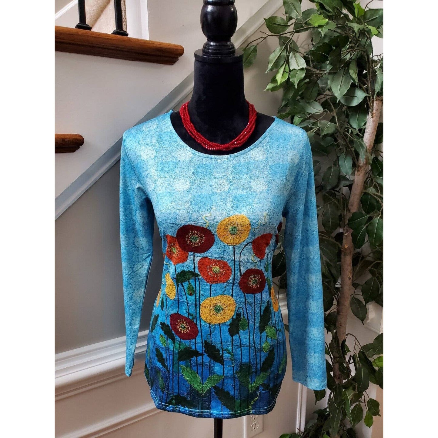 SHEIN Women's Blue Polyester Crew Neck Long Sleeve Casual Top Shirt Size Small