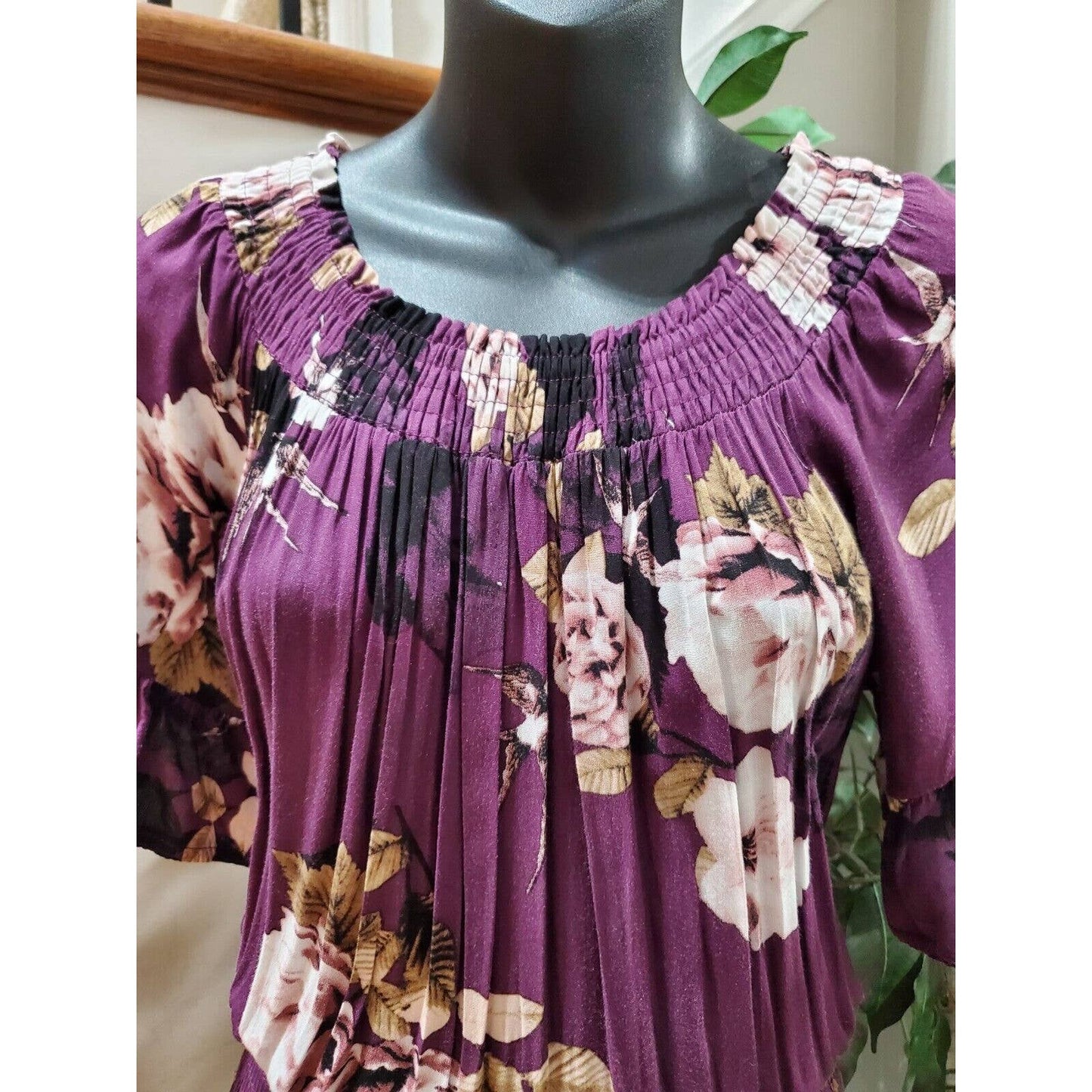 Jaase Women's Purple Floral Rayon Round Neck Half Sleeve Long Maxi Dress Small