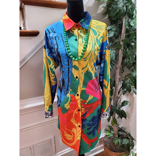 Multicolor Women Polyester Collared Long Sleeve Knee Length Shirt Dress Size XL