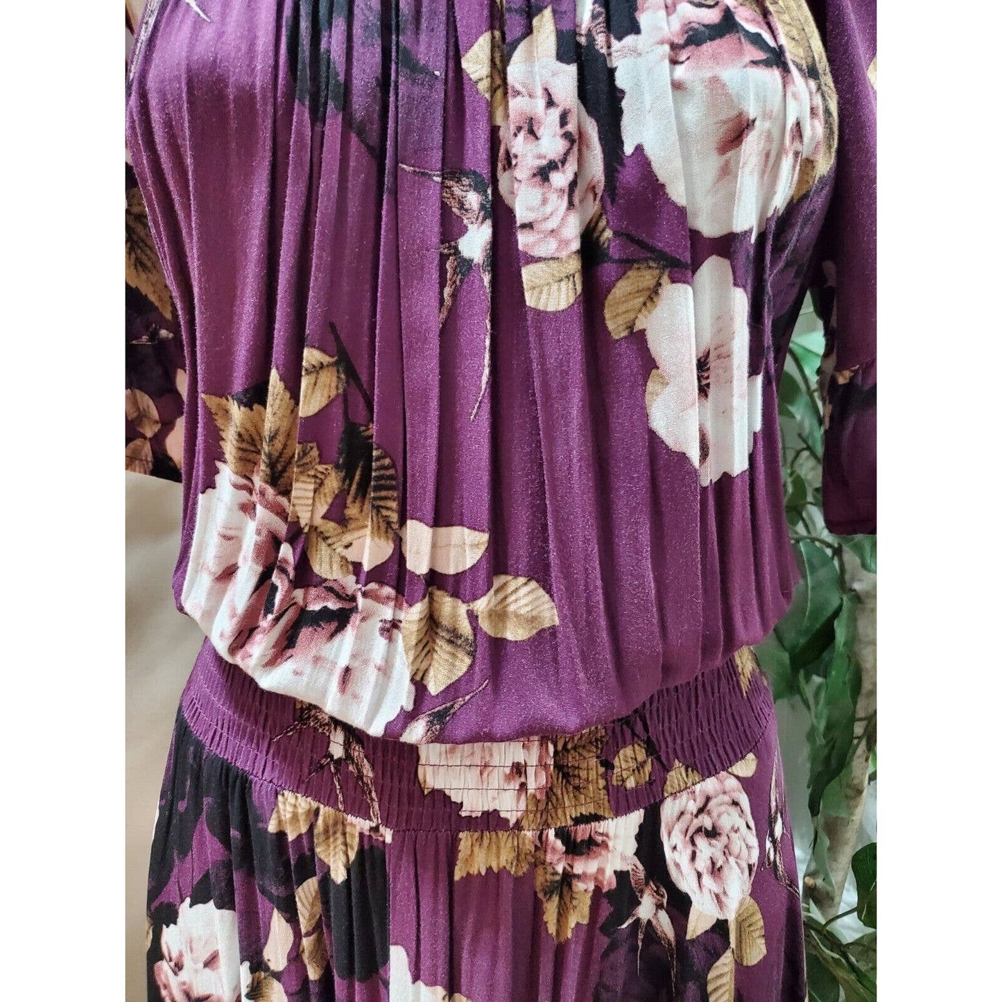 Jaase Women's Purple Floral Rayon Round Neck Half Sleeve Long Maxi Dress Small