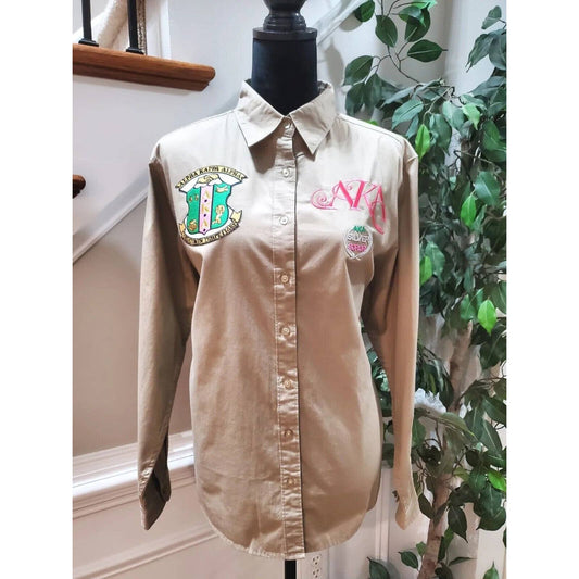 Alpha Kappa Alpha Khaki Cotton Collared Long Sleeve Button Down Casual Shirt XL