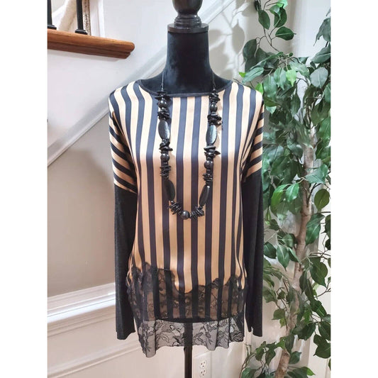 Zara Women's Beige & Black Striped Polyamide Round Neck Long Sleeve Shirt XL