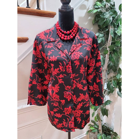 Kim Roger Women's Black Floral Polyester Buttons Front Long Sleeve Top Shirt 2X