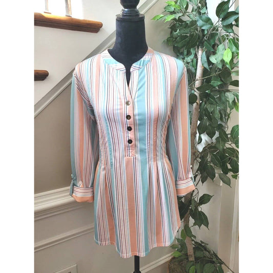 New Direction Women Multicolor Striped Polyester Long Sleeve Casual Top Shirt XL