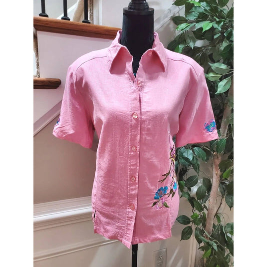 Leslie Fay Women Pink Linen Button Down Shirt & Sleeveless Blouse 2 Pc's Set XL