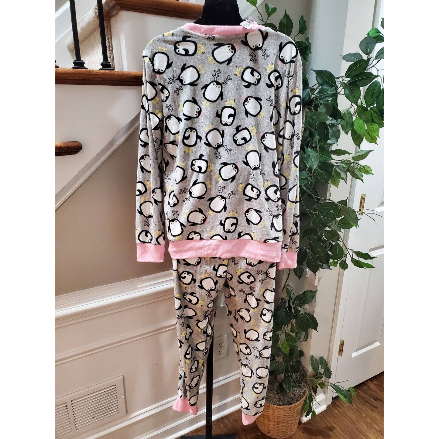 Holiday Time Women's Gray Cotton Long Sleeve Top Shirt & Trouser 2 Piece Set M