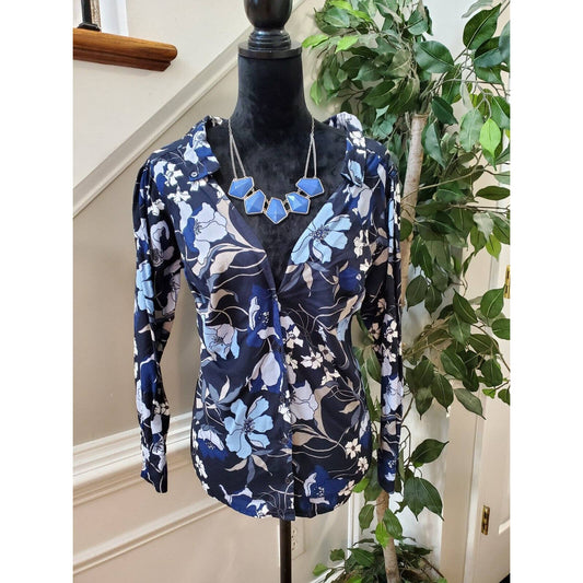H&M Women's Blue Floral Cotton Collared Long Sleeve Buttons Down Casual Shirt 14