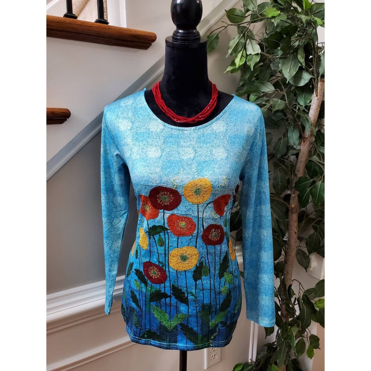 SHEIN Women's Blue Polyester Crew Neck Long Sleeve Casual Top Shirt Size Small