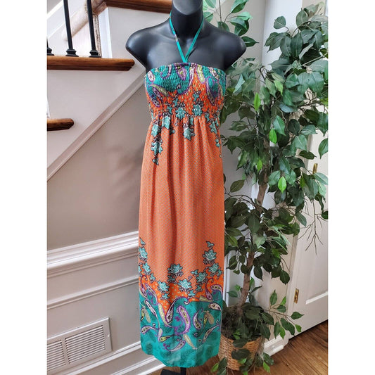 One Clothing Women's Orange & Blue Halter Neck Sleeveless Long Maxi Dress Size M