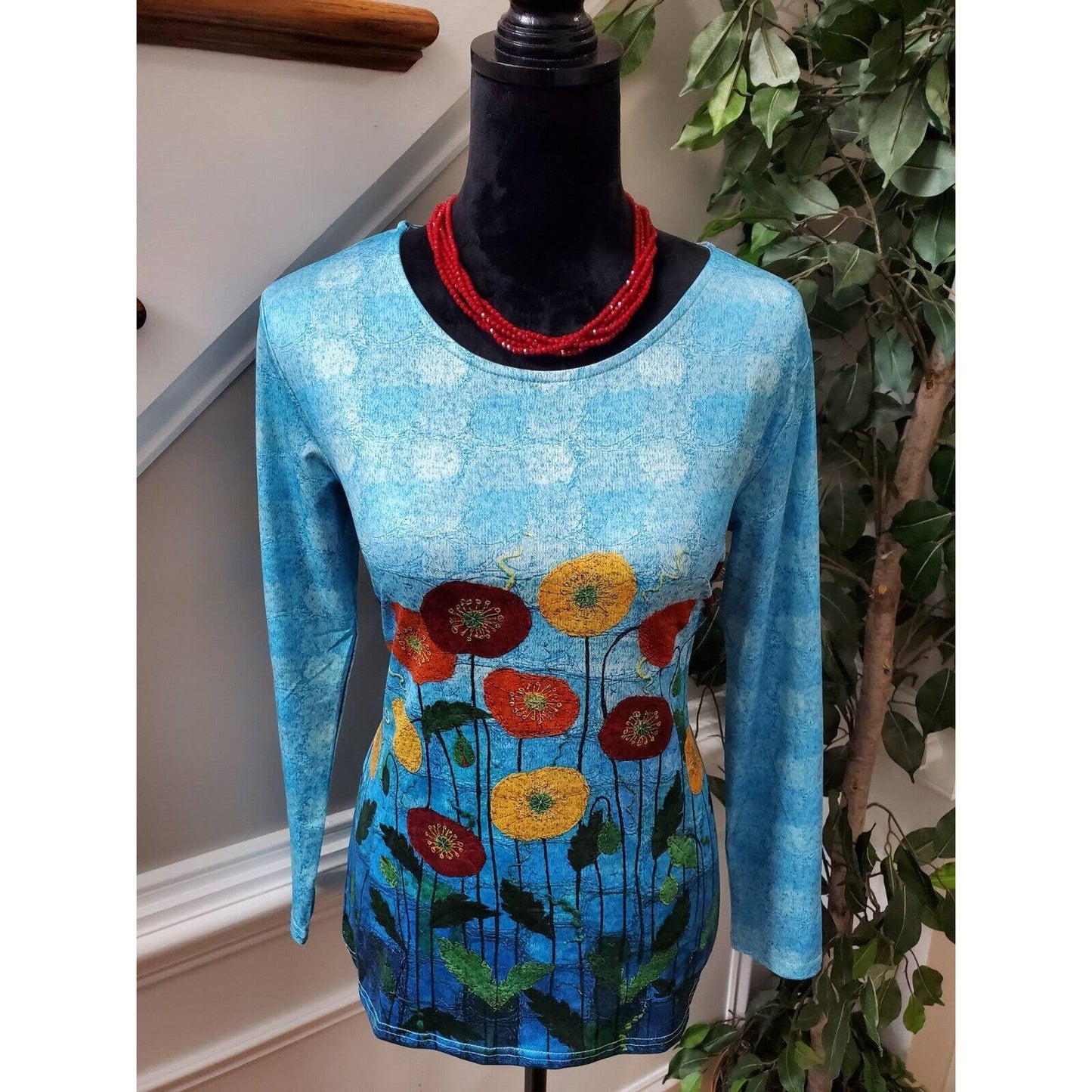 SHEIN Women's Blue Polyester Crew Neck Long Sleeve Casual Top Shirt Size Small