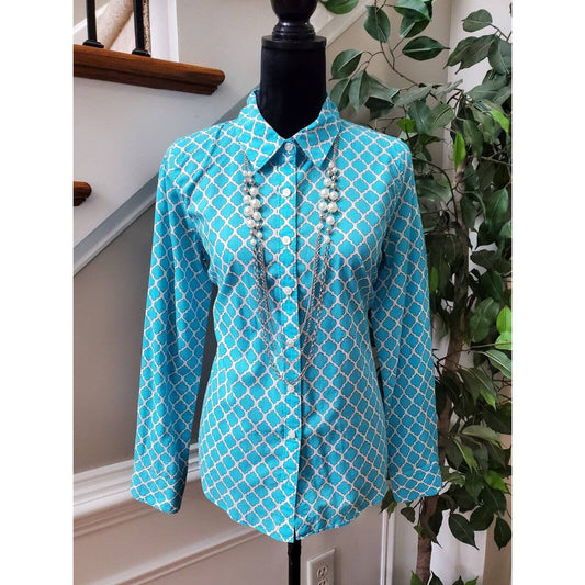 Crown & Ivy Women's Blue Polyester Collared Long Sleeve Button Down Shirt Size M