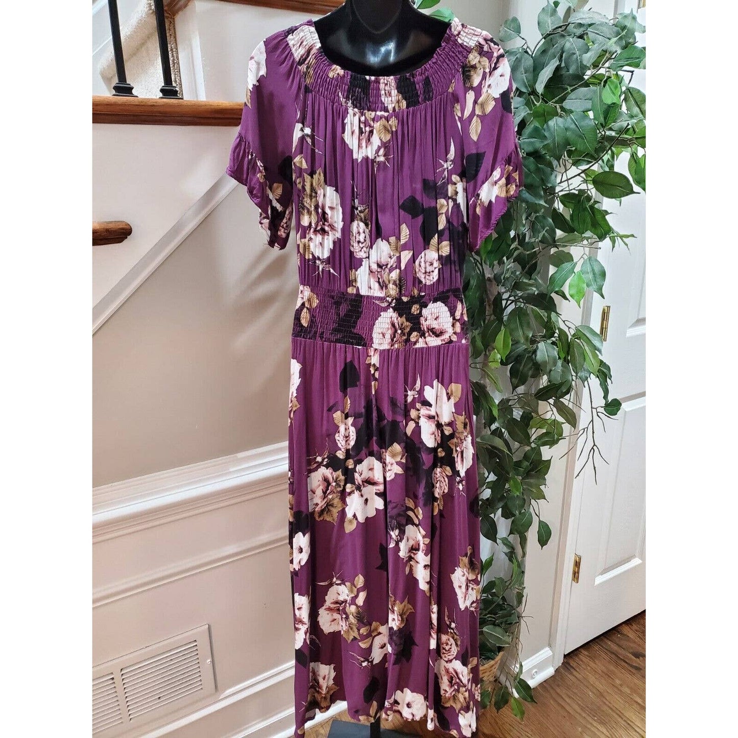 Jaase Women's Purple Floral Rayon Round Neck Half Sleeve Long Maxi Dress Small