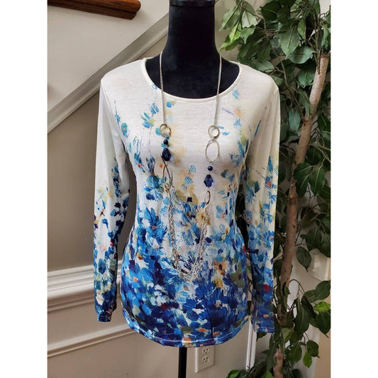SHEIN Women's Blue & White Polyester Round Neck Long Sleeve Casual Top Shirt S