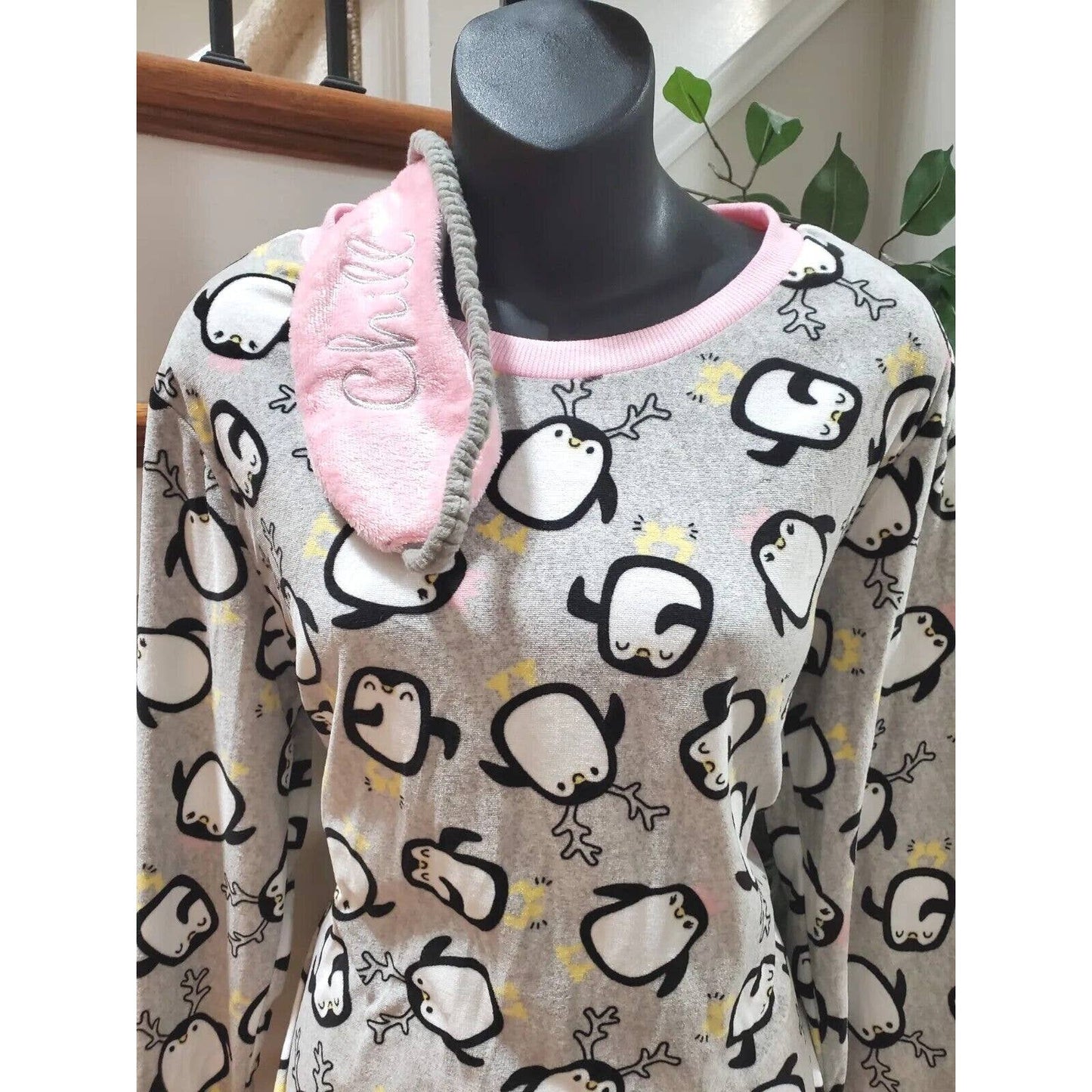 Holiday Time Women's Gray Cotton Long Sleeve Top Shirt & Trouser 2 Piece Set M