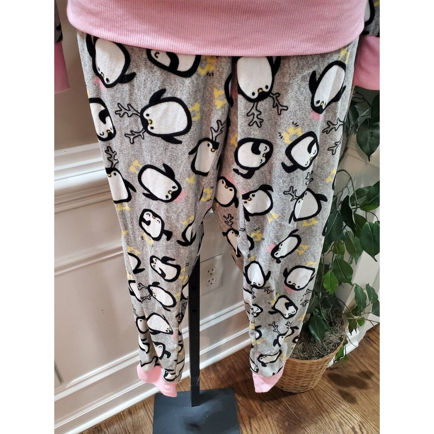 Holiday Time Women's Gray Cotton Long Sleeve Top Shirt & Trouser 2 Piece Set M