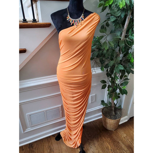 Fashion Nova Women Orange Polyester One Shoulder Off Kassie Ruched Maxi Dress XL