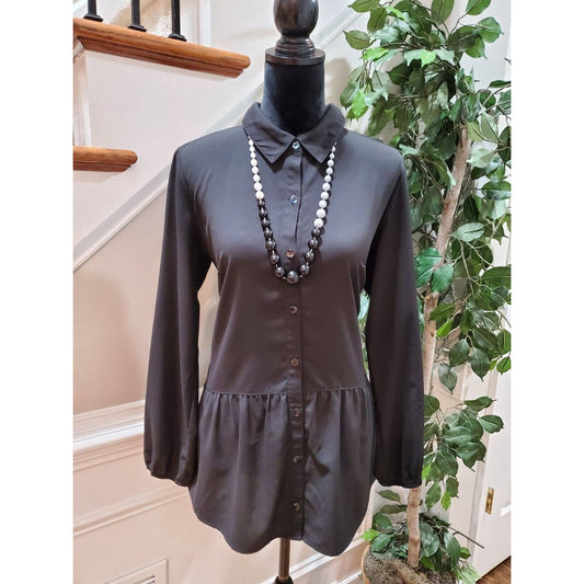 LOGO Lori Goldstein Women's Black Collared Long Sleeve Button Down Shirt Size S