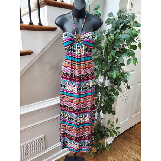 Sever gate Women's Multicolor Polyester Halter Neck Sleeveless Long Maxi Dress L