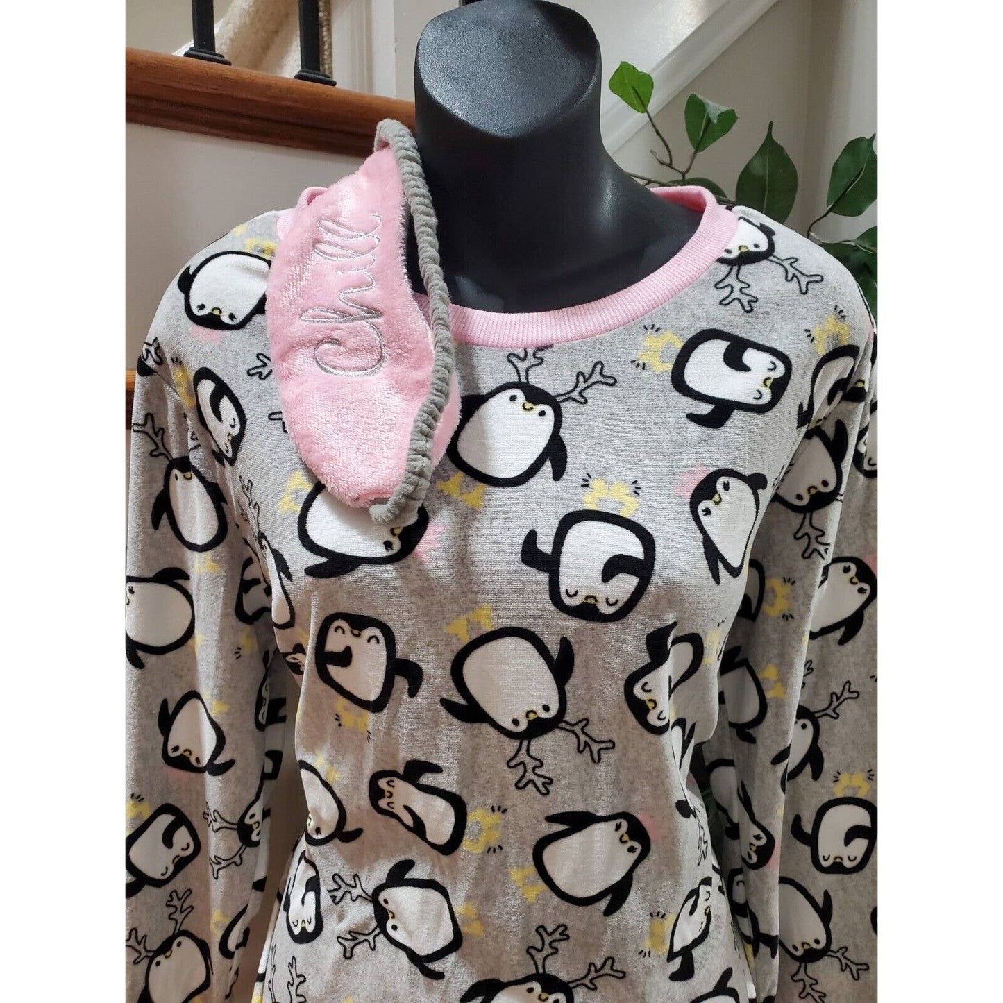 Holiday Time Women's Gray Cotton Long Sleeve Top Shirt & Trouser 2 Piece Set M