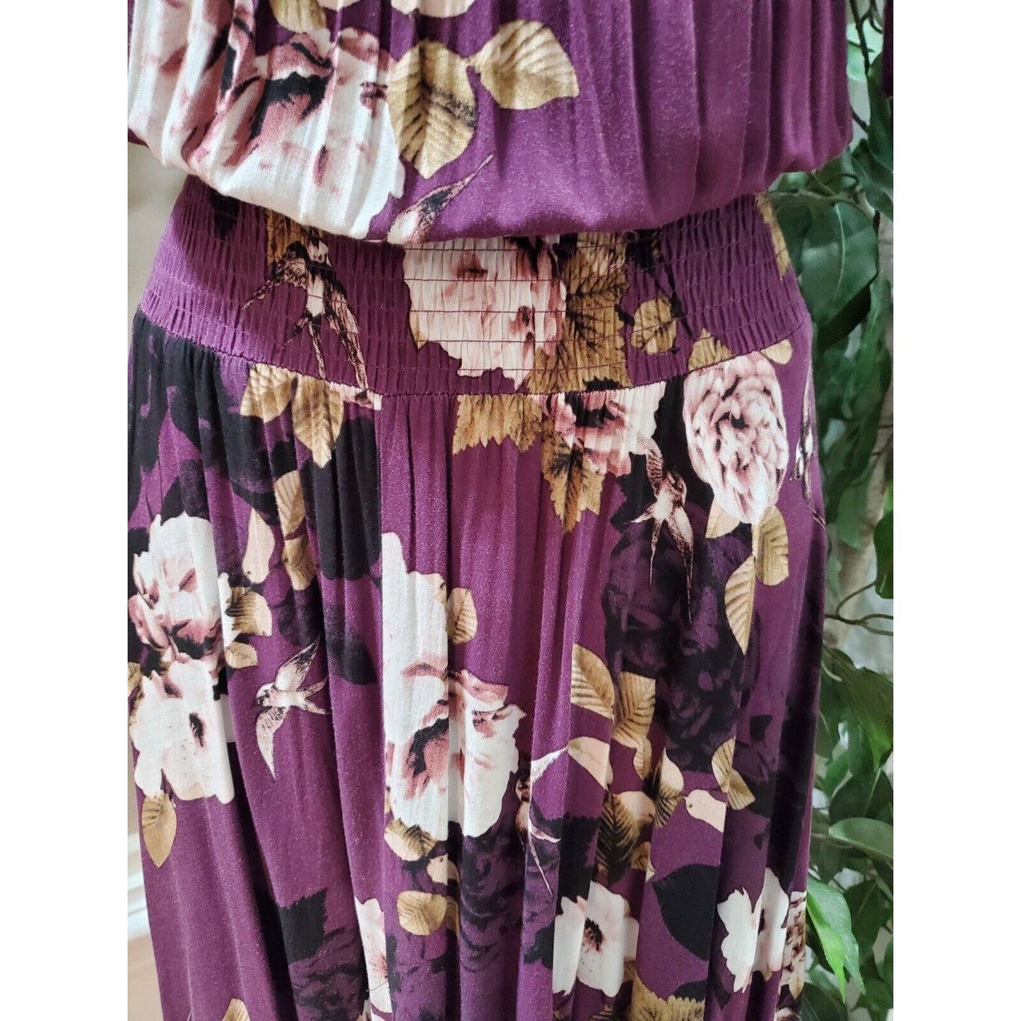 Jaase Women's Purple Floral Rayon Round Neck Half Sleeve Long Maxi Dress Small