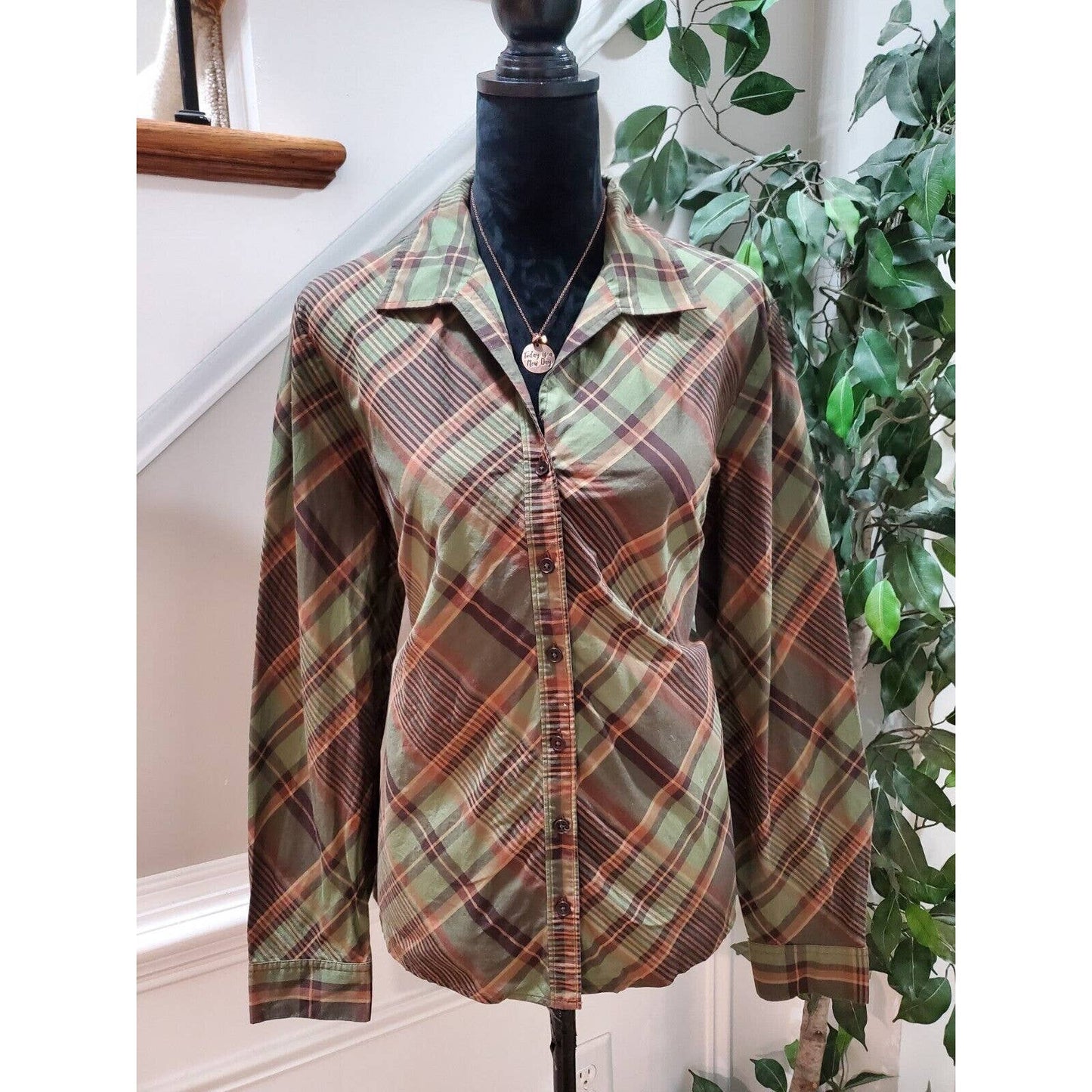 Jones New York Women Multicolor Cotton Collared Long Sleeve Button Down Shirt XL