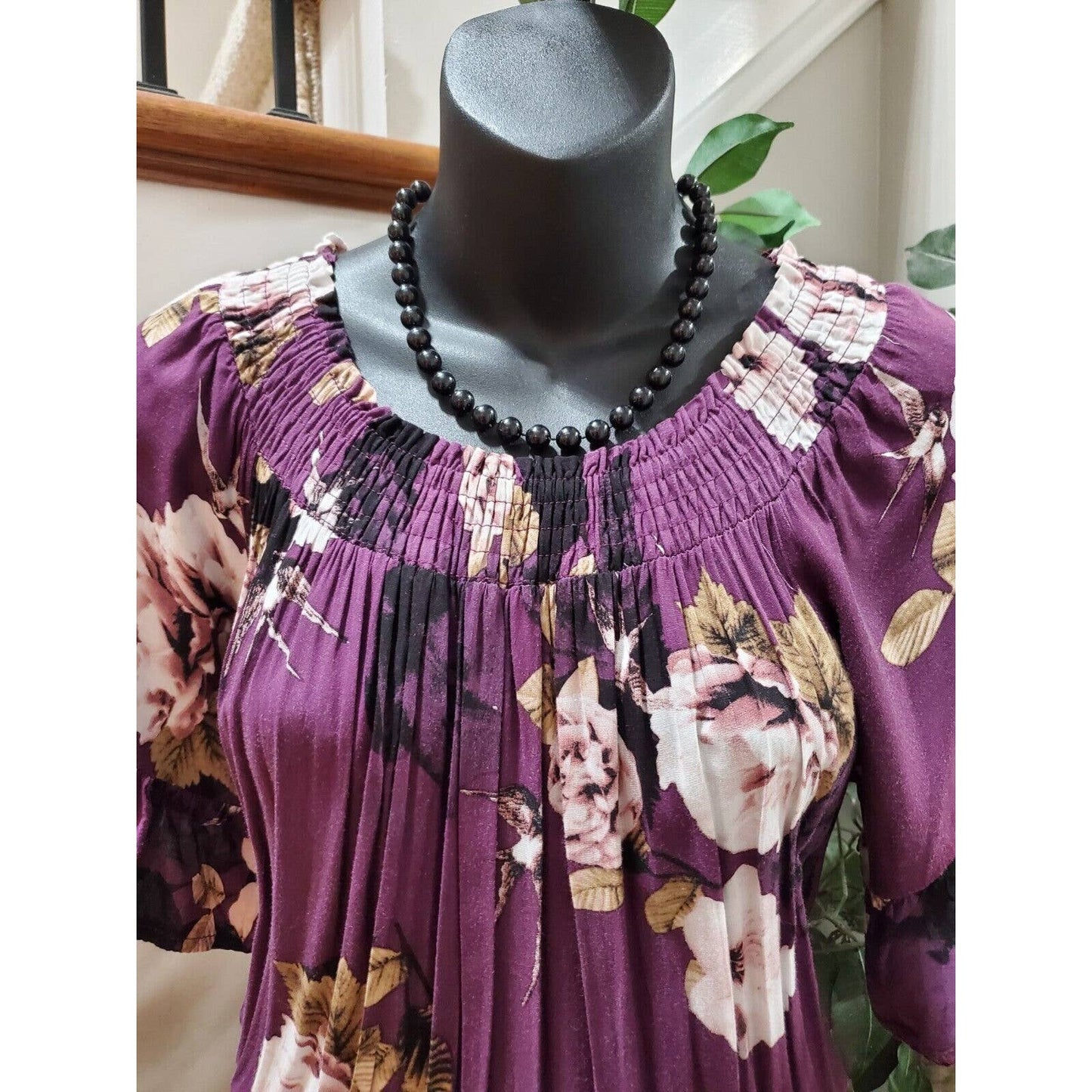 Jaase Women's Purple Floral Rayon Round Neck Half Sleeve Long Maxi Dress Small