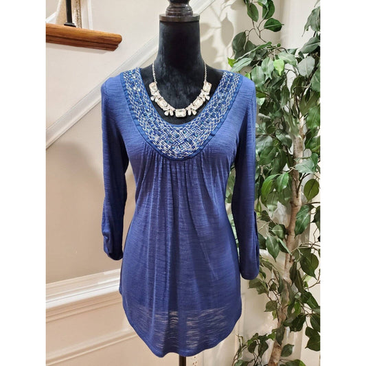 Bobeau Petite Women's Blue 100% Rayon Scoop Neck Long Sleeve Pullover Shirt PL