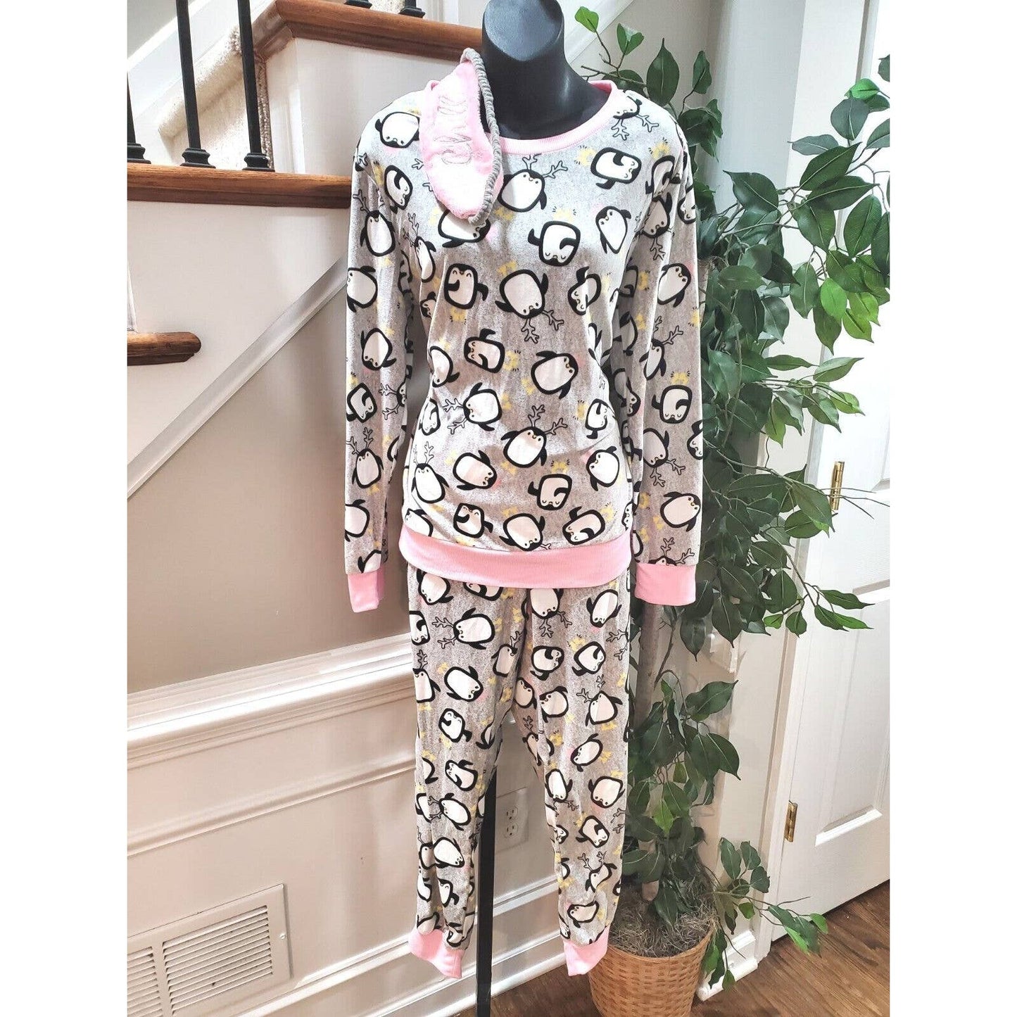 Holiday Time Women's Gray Cotton Long Sleeve Top Shirt & Trouser 2 Piece Set M