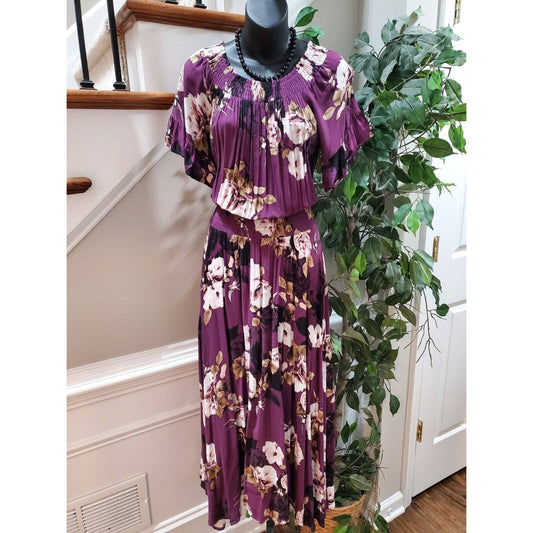 Jaase Women's Purple Floral Rayon Round Neck Half Sleeve Long Maxi Dress Small