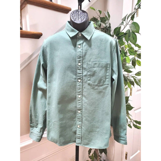 Gap Men Solid Green Cotton Collared Long Sleeve Button Down Casual Shirt Size M