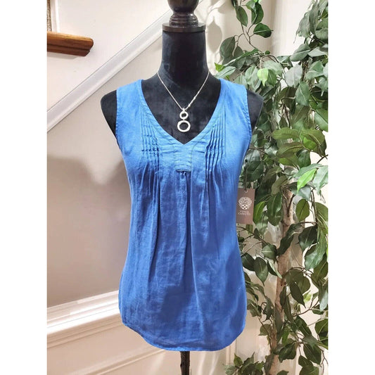 Vince Camuto Women's Blue 100% Linen V-Neck Sleeveless Casual Pullover Shirt 2XS
